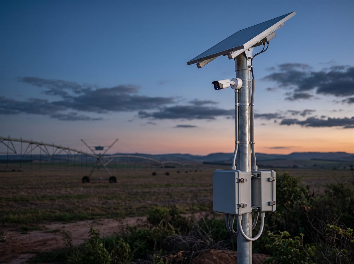 Poste de monitoramento off-grid com painel solar, câmera e caixas de bateria em fazenda