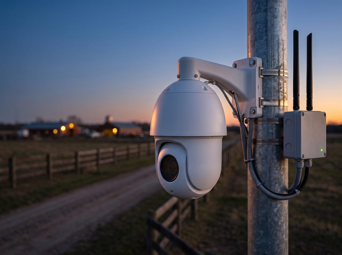 Câmera PTZ speed dome com antenas 4G instalada em poste na zona rural